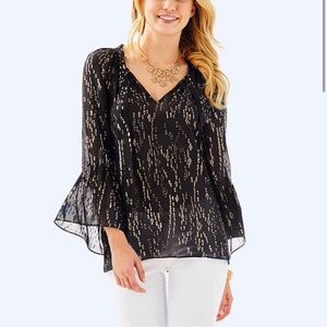 NWT Lilly Pulitzer Matilda Silk Clip Top Blouse Onyx Fish Clip Chiffon